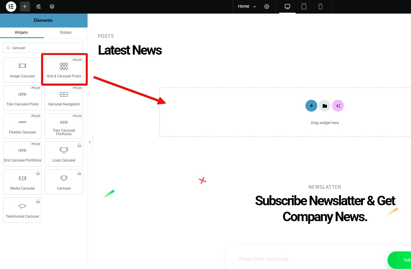 Adding the Grid and Carousel Posts widget to the page